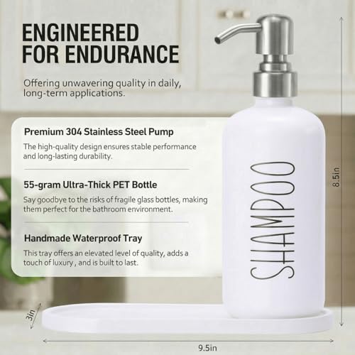 MOMEEMO Refillable Shampoo and Conditioner Bottles with Tray, White | Shower Shampoo Dispenser for Shower, Body Wash Dispenser for Shower, Shampoo Conditioner Dispenser with Stainless Steel Pumps - color: White Silver