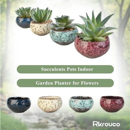Ceramic Plants Pots 3 Inch Set of 4 Flower Pots with Drainage and Bamboo Tray for Indoor/Outdoor Small House Plants,Foliage Plant - style: Set 1