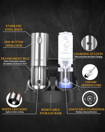 [Upgraded Larger Capacity]Electric Salt and Pepper Grinder Set Tomentific, Automatic Pepper Mills with Easy-to-Carry Dual Charging Station and Adjustable Coarseness, LED Light, Stainless Steel