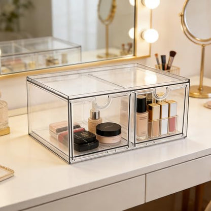 Prsildan Stackable Clear Makeup Organizer Acrylic Storage Drawers with 2 Drawers for Vanity Bathroom Office Desk Modular Drawer System for Cosmetics Jewelry Toiletries Home Organization - size: Stackable-2Drawers