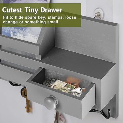 Key Holder Wall Mount, Wooden Key and Mail Organizer, Gray | 2 Mount Options, Includes 8 Hooks, Fence Mail Slot, Small Drawer and Shelf, for Entryway, Hallway, Doorway, Living Room, RV - color: Gray