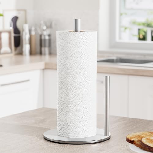 Paper Towel Holder Silver Stainless Steel Kitchen Countertop Roll Organizer | Standing Paper Towel Holders Roll Dispenser Simple Silver Weighted Base - color: Silver