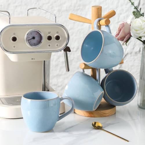 Coffee Mugs Set of 4, Stoneware 16 Oz Coffee Mugs for Cappuccino Latte Cocoa and Tea, Ceramic Coffee Cups with Handle,Sky Bule Mugs for Housewarming Gifts, Microwave and Dishwasher Safe - color: Sky Blue