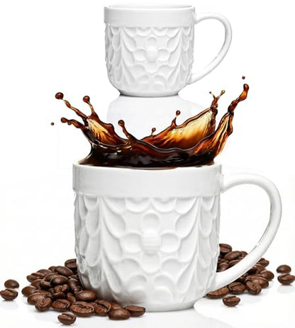 25DOL Small 3.3 Oz Ceramic Espresso Cups Set of 2 - White Cappuccino Cup with Nature Engravings and Comfort-Grip Handle - Expresso Coffee cups, Lead-Free Shot Mugs, Safe for Dishwasher, Microwave