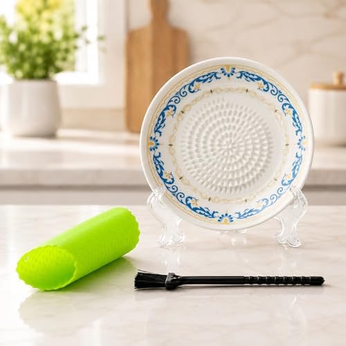 Ceramic Garlic Grater Plate Bowl Tomato Dish Made in Spain Spanish Grating Pan Herb Stripper Peeler Con Tomate Grater Plate Brush Stand Kitchen Gadget Gift Set Ginger Olive Oil Dip(#G) - color: #G