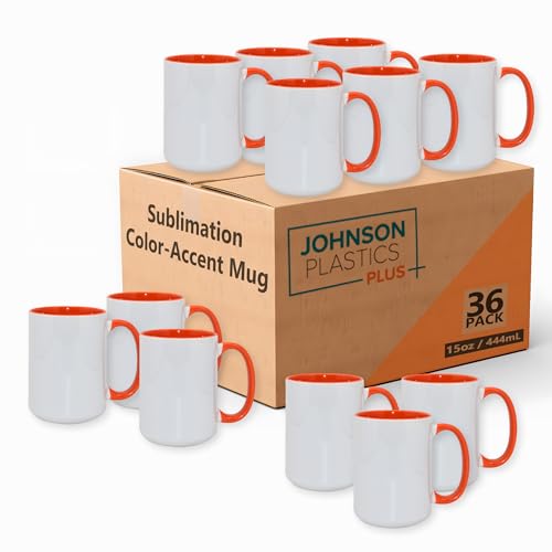 JPPlus 15oz Sublimation Mugs with Colored Handles & Interiors | Tazas para Sublimar, Bulk Mugs for Custom Designs & Branding | White Mugs Set of 12 or Case of 36- Orange (36) - color: Orange
