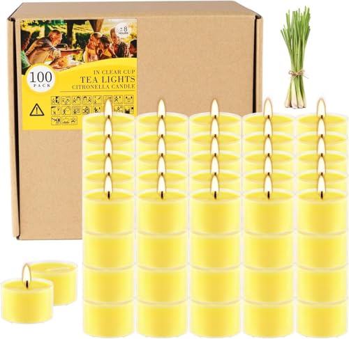 Fclayvts 8-Hour 100 Pack Citronella Tealight Candles, Outdoor and Indoor Summer Scented Candle,Natural Soy Wax Candle for Home Patio Garden Yard Balcony,BBQ Birthday Emergency - color: Yellow, size: 100 Pack-8H