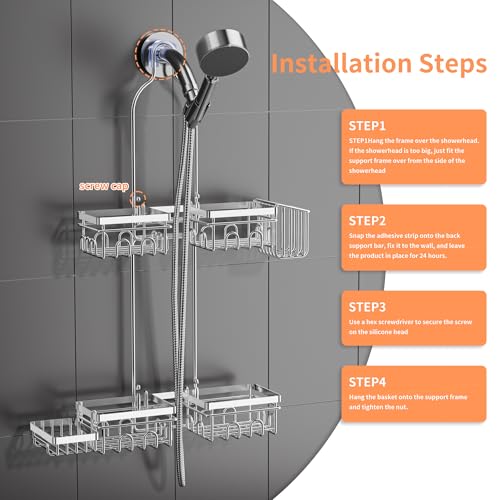 DAOYA Shower Caddy Hanging - Over Shower Head Caddy, 0.82 inch Universal with 2 Shelves, Soap Holder, Toothbrush Holder & Reusable Suction Hook, Complete Silver Bath Organizer Set