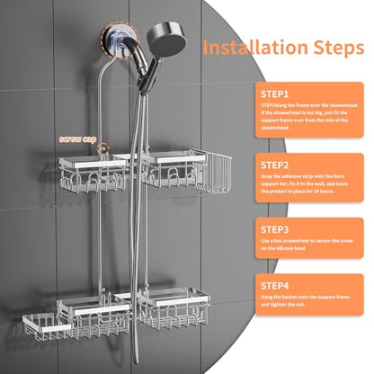DAOYA Shower Caddy Hanging - Over Shower Head Caddy, 0.82 inch Universal with 2 Shelves, Soap Holder, Toothbrush Holder & Reusable Suction Hook, Complete Silver Bath Organizer Set