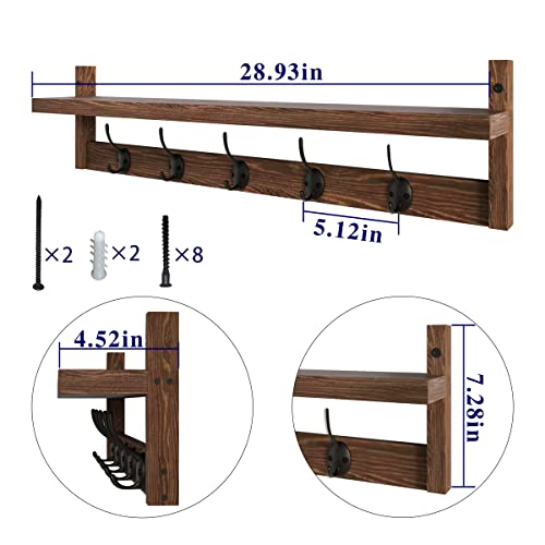 AMBIRD 28.9 Inch Length Shelf with Hooks Entryway Coat Rack Wall Mount Wood Coat Hooks with Shelf Wall-Mounted Coat Hook Rack with 5 Dual Hooks for Bathroom, Living Room, Bedroom (Brown) - size: 28.9inch, style: Retro Brown