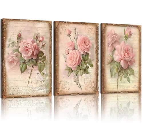 EEYNAQQ 3 Pcs Vintage Pink Rose Canvas Wall Art Shabby Chic Floral Posters Prints 12x16 Inch Still Life Plants Art Aesthetics Framed Canvas Print Wall Decor for Living Room Bedroom Office Kitchen - color: Pink vintage flowers, size: 12x16 Inches