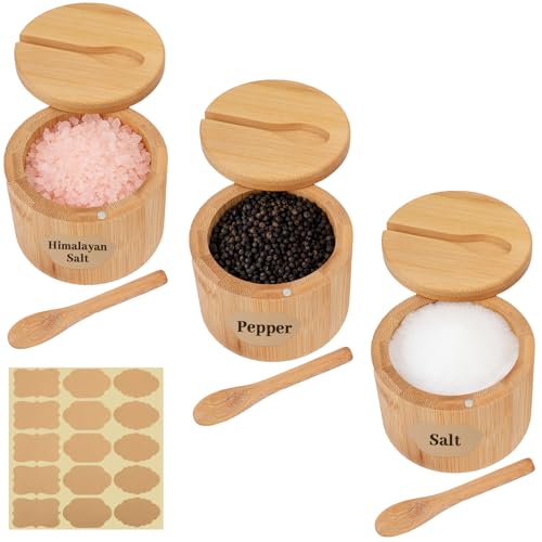 3 Pack Round Bamboo Salt Cellar Box with Magnetic Swivel Lid & Spoon,6 OZ | Round Salt Container Holder Spice Box with Label Stickers to Storage Pepper Spice Sea Herbs Sugar for Countertop,6 OZ