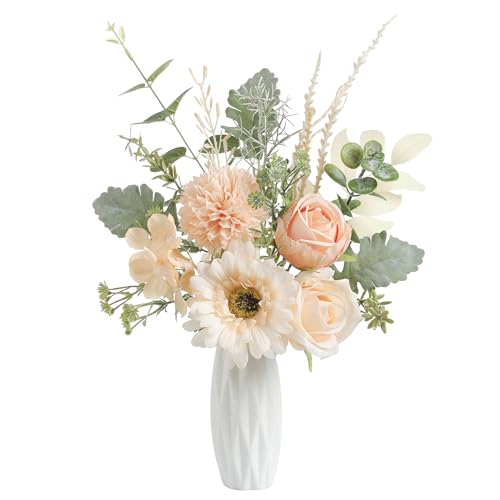 Small 11.8" Artificial Flowers in Ceramic Vase - Champagne Silk Flower Centerpiece for Dining Table, Office, Wedding & Farmhouse, Home Decor Gifts - color: Champagne