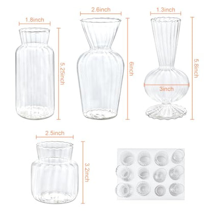 12 Pcs Ribbed Glass Bud Vases Set, 4 Styles Clear Small Flower Vases | Mini Vases in Bulk, Roman Column Vertical Ribbed Design for Wedding, Home Decor, Table Centerpieces, Party
