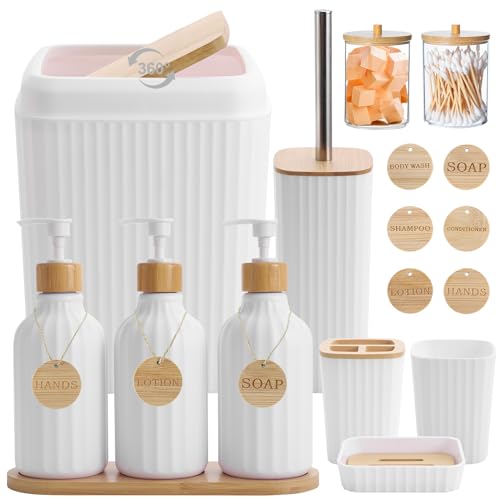 Bathroom Accessories Set White Bathroom Set with Trash Can,3PCS Lotion Soap Dispenser, Toothbrush Holder, Soap Dish,Tumbler Cup,6pcs Wood Tags White Bath Accessories with Tray for Bathroom Decor - size: Bath Set, style: White