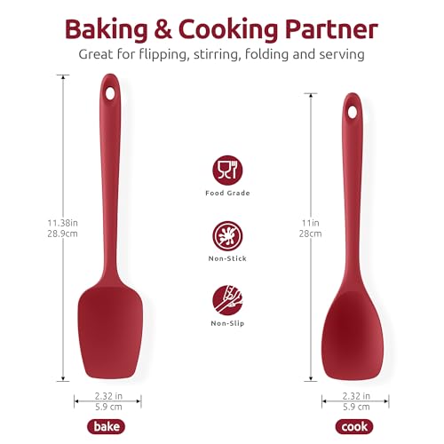 U-Taste 9+12 inch 600ºF Heat Resistant Silicone Kitchen Tong Set of 2 and 600ºF Heat Resistat Silicone Flexible Baking Spoon Spatula & Cooking Scoop Spoonula (Red)