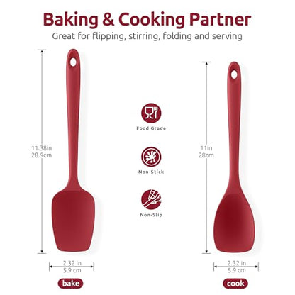 U-Taste 9+12 inch 600ºF Heat Resistant Silicone Kitchen Tong Set of 2 and 600ºF Heat Resistat Silicone Flexible Baking Spoon Spatula & Cooking Scoop Spoonula (Red)
