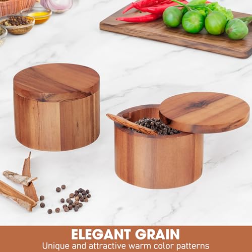 Demigo Acacia Wood Salt Cellar with Spoon, 9 oz Salt Box with Swivel Lid | Salt Jar, Wooden Salt Keeper & Seasoning Storage for Kitchen Counter, Holds Table Salt, Sea Salt, Herbs, Pepper & Sugar - color: Acacia - Salt Box with Spoon