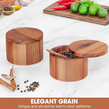 Demigo Acacia Wood Salt Cellar with Spoon, 9 oz Salt Box with Swivel Lid | Salt Jar, Wooden Salt Keeper & Seasoning Storage for Kitchen Counter, Holds Table Salt, Sea Salt, Herbs, Pepper & Sugar - color: Acacia - Salt Box with Spoon