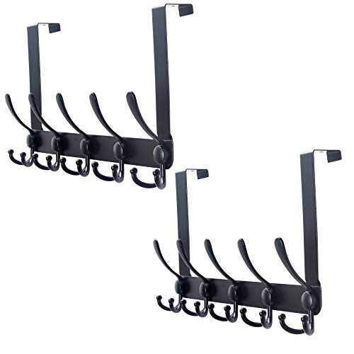SKOLOO Over The Door Hook - for Doors up to 1-3/4'' Thickness, Pack of 2, Metal Door Hanger with 5 Triple Hooks, Black Over The Door Hanger for Coats, Hats,Towels, Assembly Required - color: Black, size: 2 Pack