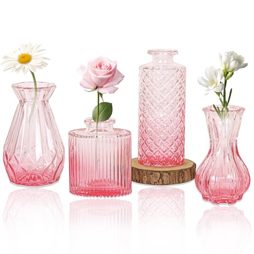 Set of 4 Glass Bud Vase Set, Small Vintage Clear Flower Vase Centerpieces for Table Bulk Cute Rustic Style Mini Vase for Home Decor Wedding Baby Shower Birthday Party(Ombre Pink) - color: Ombre Pink