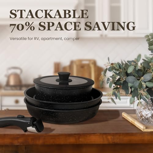 Nonstick Pots and Pans Set - 20 Pack KIKCOIN Stackable Cookware Set with Detachable Handle, RV Kitchen Cooking Set with Removable Handles - Oven Safe, Induction Ready (Black) - color: Black, size: 20 Pack
