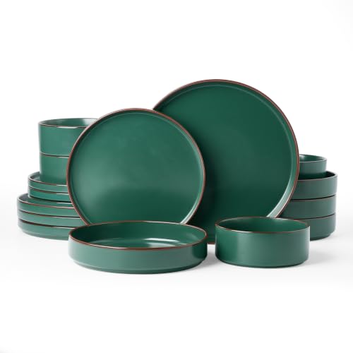 Famiware Nebula Ridge 16-Piece Dinnerware Set with Pasta Bowls, Dark Green | Stoneware Plates and Bowls for 4, Warm Hand-Painted Rims, Microwave and Dishwasher Safe - color: Dark Green, size: Service for 4 (Include Pasta Bowls)