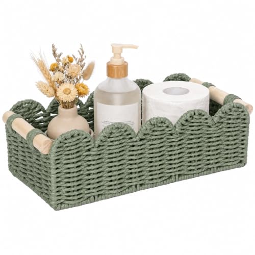 Toilet Paper Storage Basket, Handwoven Paper Rope Scalloped Shelf Basket | Gasvadivum Wicker Basket Organizer with 2 Wooden Handles, Square Storage Bin for Bathroom, Bedroom, Countertop, Green - color: Green
