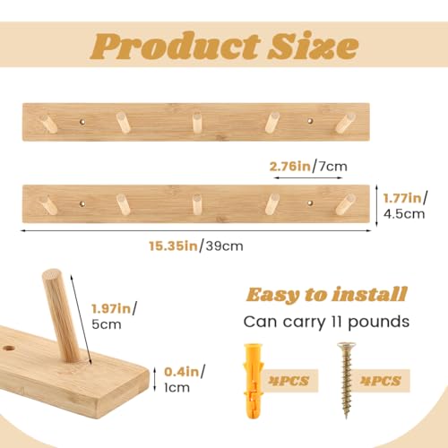 2-Pack 15" Heavy Duty Wooden Coat Rack, Wall Mount with 5 Hooks | Natural bamboo. 5 hooks for coats, hats, bags & towels. For entryway, bedroom & doors. Holds 20lb. Hardware included.