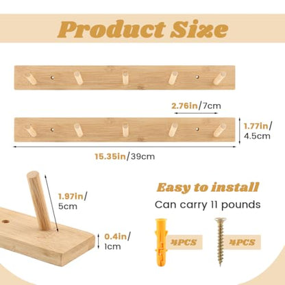 2-Pack 15" Heavy Duty Wooden Coat Rack, Wall Mount with 5 Hooks | Natural bamboo. 5 hooks for coats, hats, bags & towels. For entryway, bedroom & doors. Holds 20lb. Hardware included.