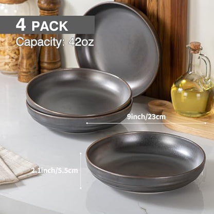 HAPPY KIT Stoneware 9'' Pasta Bowls 42oz Set of 4, Bronze Gray | Reactive Glaze, Large Salad Bowls, Ceramic Serving Bowls for Fruit, Soup, Noodle, Dinner, Scratch Resistant - color: BronzeGray