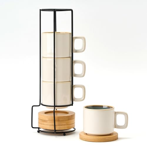 LUKA Porcelain Stackable Espresso Cups with Saucers and Metal Stand, 4 Ounce Small Ceramic Demitasse Cups Set for Latte, Specialty Coffee Drinks, Cafe Mocha,Tea - Set of 4, White Green Interior - color: White-Green