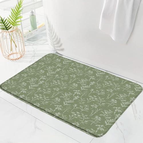 Vintage Floral Bath Mat Sage Green Boho Flower Botanical Herbs Retro Leaves Rustic Farmhouse Plant Modern Memory Foam Soft Home Office Door Bathroom Mat/Bath Rugs - color: Sage Green, size: 1'6" x 2'6" (Rectangular)