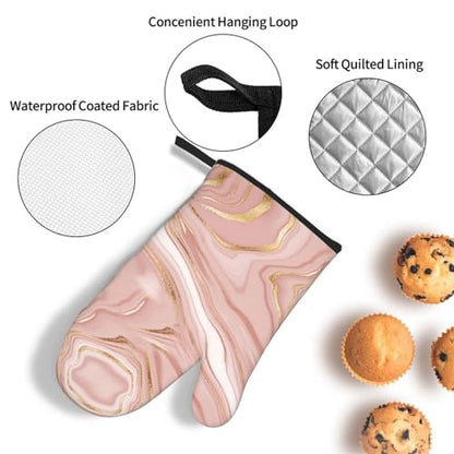Pink Golden Marble Oven Mitts and Pot Holders Sets of 3 | Heat Resistant Hot Pads Rose Pink Modern Oven Gloves For Kitchen Cooking Bbq Baking - color: Pink Gold