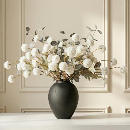 RyddeligHome White Faux Kiku Flowers for Vase(NOT Included) - 12 Long Stems | Artificial Flowers with Eucalyptus, Realistic Floral Stems for Tall Vases, Farmhouse Home Decor (Premium Quality) - color: White