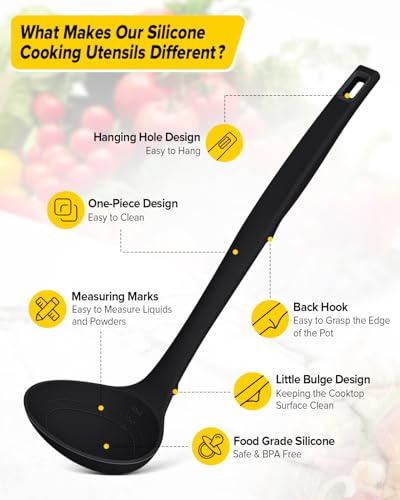 Silicone Pasta Fork and Soup Ladle Set, Heat Resistant Non Stick Kitchen Utensils with Back Hooks, Suitable for Cooking, Stirring, Serving Spaghetti, Soup, Sauce (BLACK) - color: Black