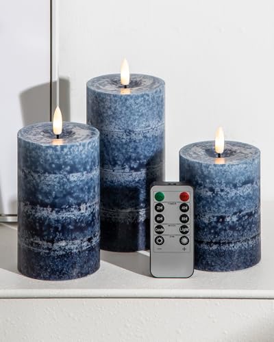 Stmarry Gradient Navy Blue Flameless Candles with Remote and Timer, Real Wax Made LED Pillar Candles Battery Operated with 3D Flickering Flame, 3" x 4",5",6", Navy Blue Decor, Set of 3 - color: Gradient Navy Blue