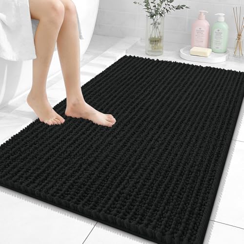 OLANLY Large Bathroom Rugs 40x32, Thick Soft Absorbent Chenille Bath Rugs | Black, Quick-Drying Rubber Backing, Shaggy Bath Mat, Machine Washable for Floor, Tub and Shower, Home Decor Accessories - color: Black, size: 40" x 32"