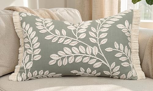 Rudransha Botanical Vine Embroidered 12x20 Lumbar Throw Pillow Cover - Sage Green Cream Cotton with Fringe Trim - Cushion Case for Couch Sofa Bed - Philodean Leaves - color: Sage-philodean, size: 20" x 12" (Pack of 1)