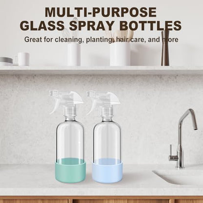 Glass Spray Bottles with Silicone Sleeves (2 Pack, 16 oz), Mist and Stream | Heavy-Duty Sprayer, Premium Glass, Leaks and Clogs Free, for Cleaning Solutions, Planting, Hair Spraying - Funnel Included
