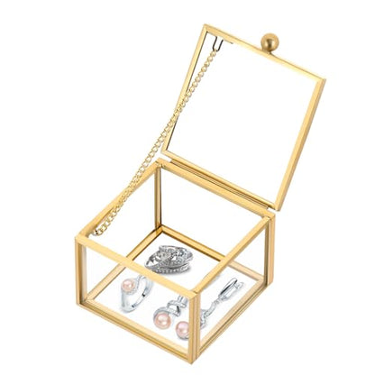 MYFULLY Vintage Gold Glass Jewelry Box 2.36"x 2.36"x 1.77" | Small Square Lidded Keepsake & Trinket Box for Rings, Earrings, Bracelets, Cards, Home and Vanity Display