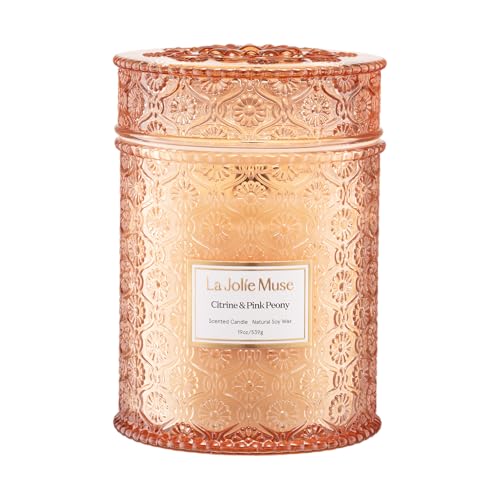 LA JOLIE MUSE Citrine Pink Peony Scented Candles for Home,19 oz Natural Soy | Large Jar Luxury Candle, Clean Non Toxic Wax, Gifts for Women, Decorative Candles for Candle Warmer, Wood Wick, Floral Citrus - color: Citrine & Pink Peony, size: 19 oz
