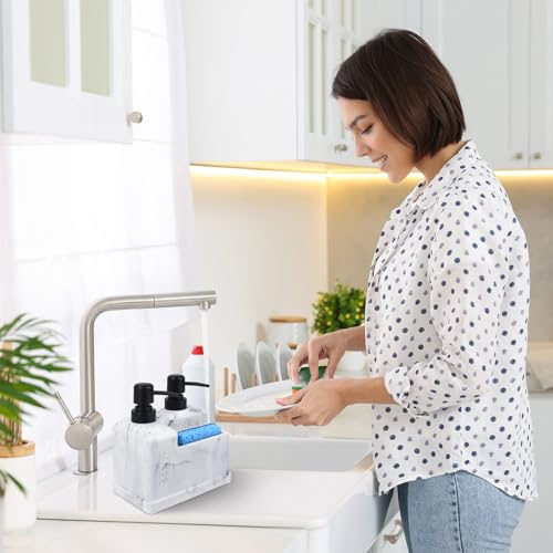 Kitchen Hand Soap and Dish Soap Dispenser Set,Dual Soap Dispenser with Sponge Holder 3-in-1 Organizer for Kitchen Sink,Bathroom,Useful Kitchen Gadgets - White Marble Look - color: 3 in 1 - White Marble Look