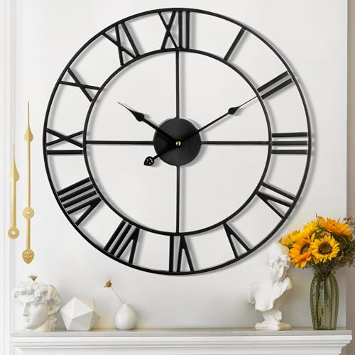 Large Wall Clock for Living Room Decor - 47cm/ 18 Inches Silent Non-Ticking Metal Wall Clocks Battery Operated, Vintage Decorative Modern Wall Clock for Bedroom, Office, Farmhouse Decor - color: Black - Roman Numerals, size: 47CM