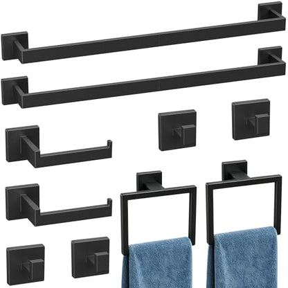 Luxbaro 10-Pieces 24 Inch Matte Black Bathroom Accessories, Wall Mounted | SUS304 Stainless Steel Black Towel Bar Set, Bathroom Hardware Set, Bathroom Towel Holder Set - size: 26 Inch (10 Pieces)