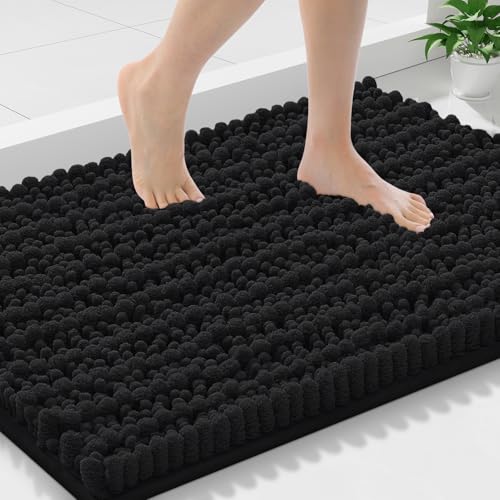 Smiry Bathroom Rugs 30X18, Extra Soft Rubber Backing Chenille Bath Mats | Black Machine Washable Non Slip Quick Dry Bath Mats for Bathroom Floor, Tub, Shower, Home Decor Accessories - color: Black, size: 30'' X 18''