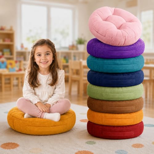 Degrees of Comfort 8Pcs Round Floor Cushions for Kids, Waterproof Flexible Seating for Classroom Elementary, Safe Smolder Resistance Sitting Pillows with Handles, 15-inch, Lovely - color: Lovely, size: 8 Piece Set