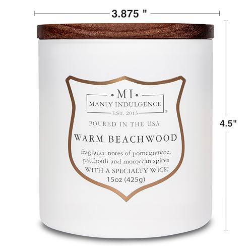 Manly Indulgence Warm Beachwood Scented Candles for Men, 15 oz Wooden Wick, Premium Soy Blend Wax, 60H Burn, Candles for Home Scented - Made in The USA - color: Warm Beachwood