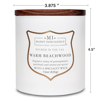 Manly Indulgence Warm Beachwood Scented Candles for Men, 15 oz Wooden Wick, Premium Soy Blend Wax, 60H Burn, Candles for Home Scented - Made in The USA - color: Warm Beachwood