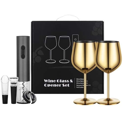 Wine Opener Electric Rechargeable, Automatic Corkscrew Set, Including Gold Wine Glass of 2, Stainless Steel Goblet, Ideal Gift for Wine Lover, Wedding, Birthday, Girl, Men - color: Gold